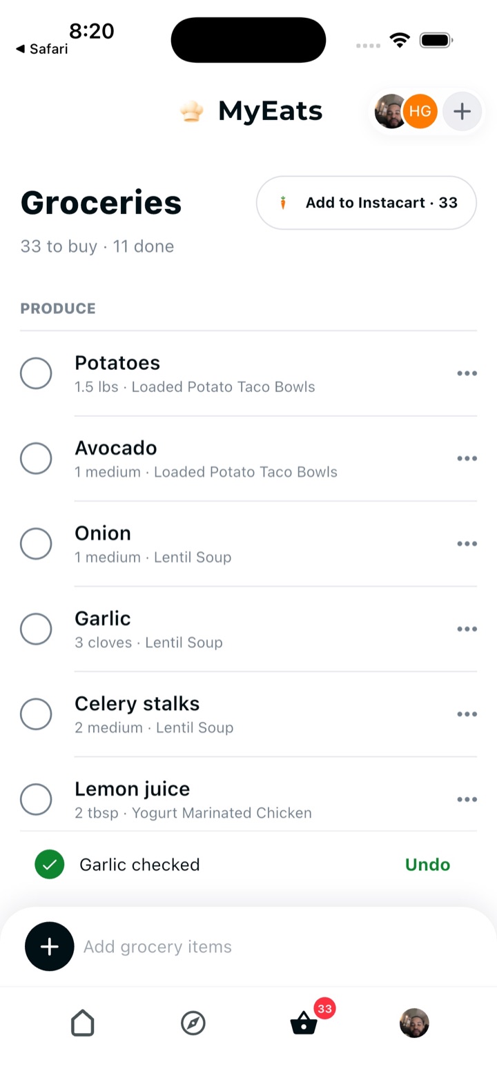 A shared grocery list organized by recipe in MyEats