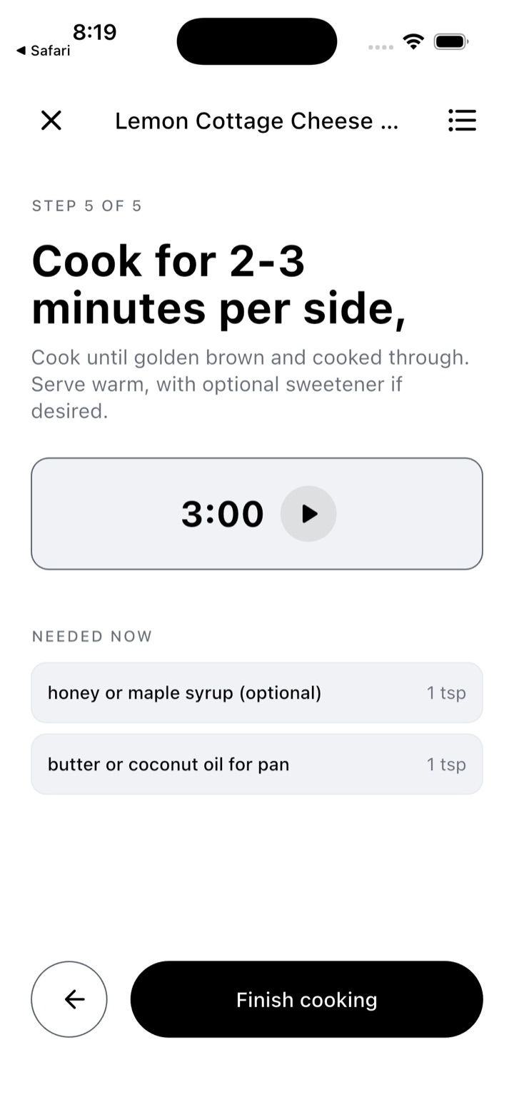 A focused MyEats cooking step with a built-in timer