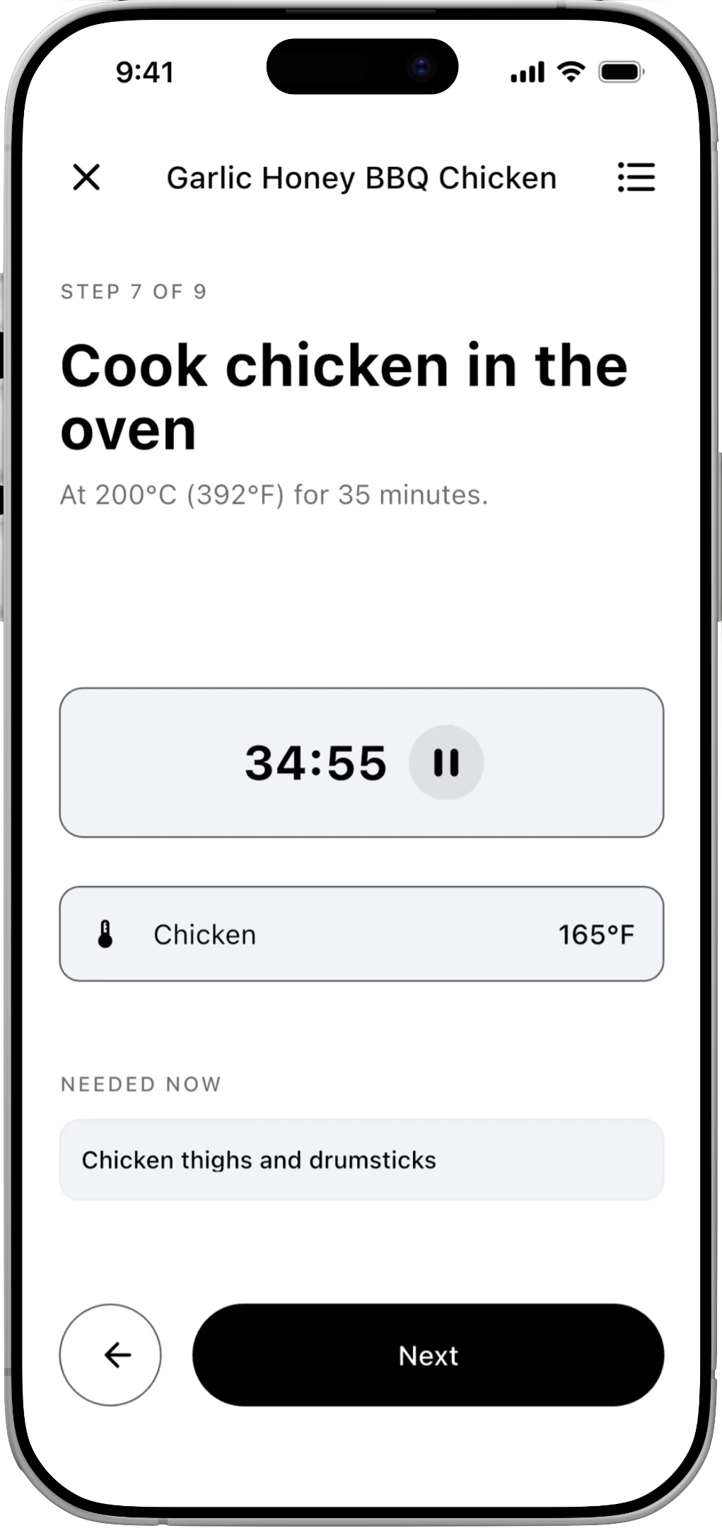 A guided cooking step with a built-in timer in MyEats