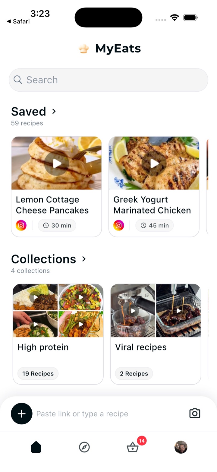 Saved recipes and collections in MyEats