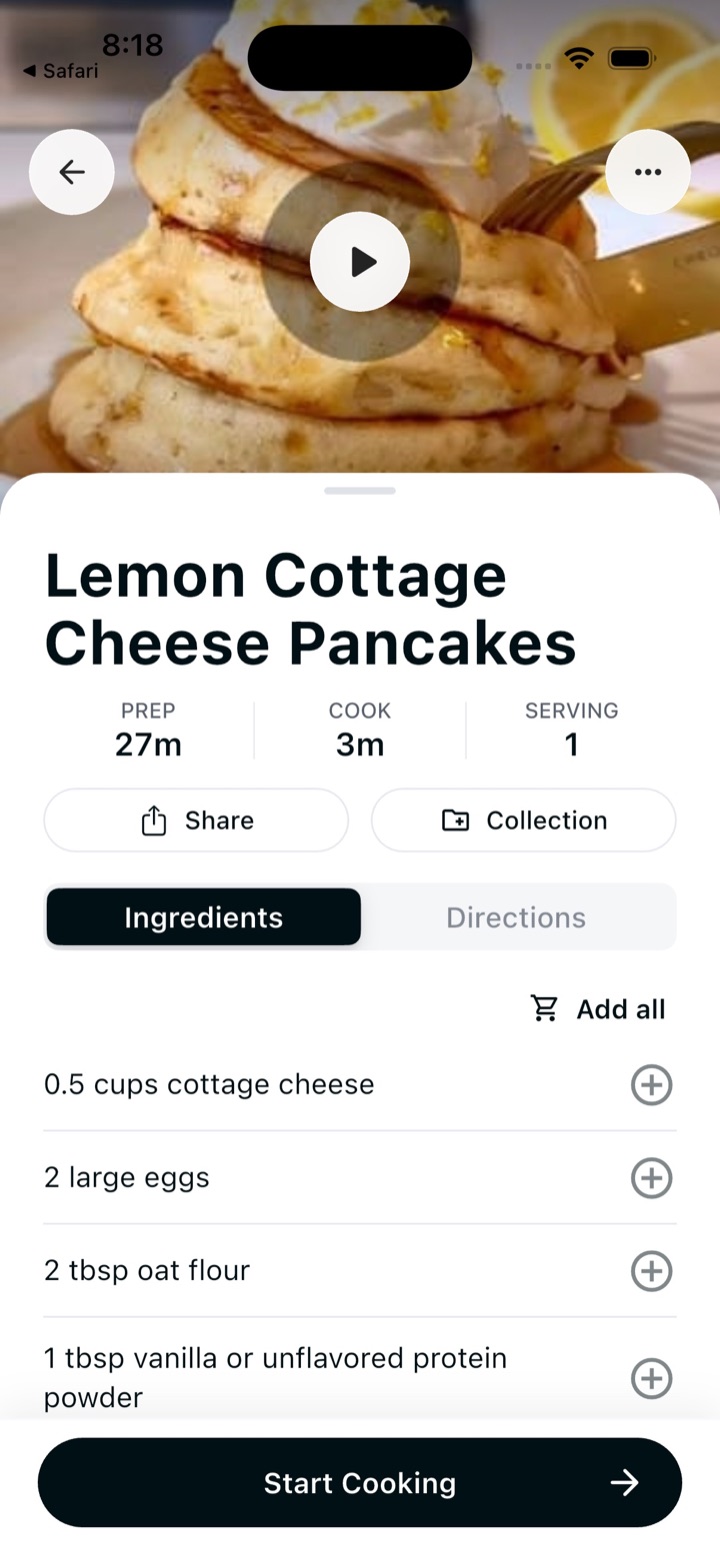 MyEats recipe screen for Lemon Cottage Cheese Pancakes
