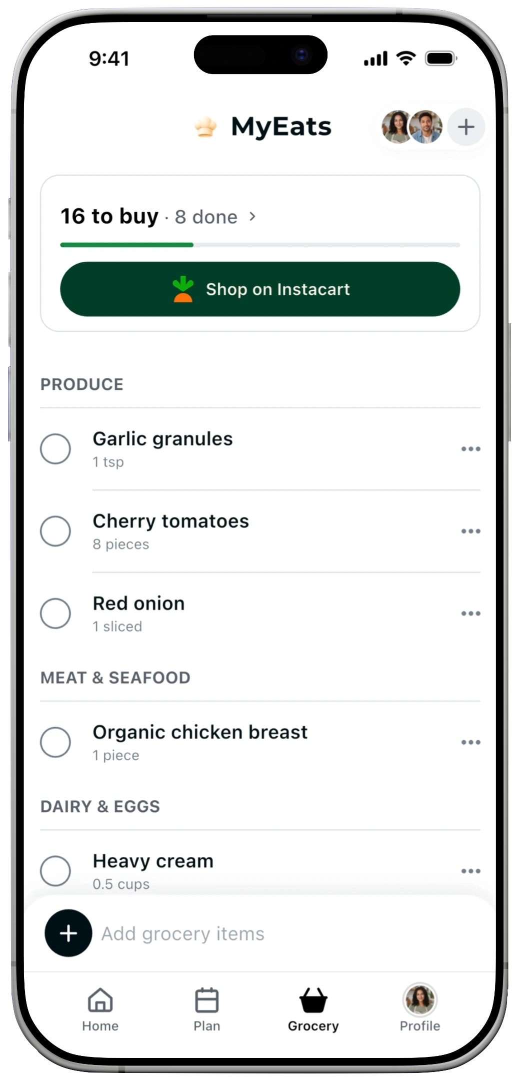 A shared household grocery list in MyEats