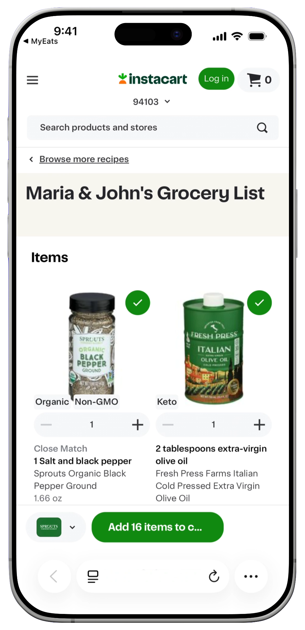 The shared MyEats grocery list ready to add to an Instacart cart