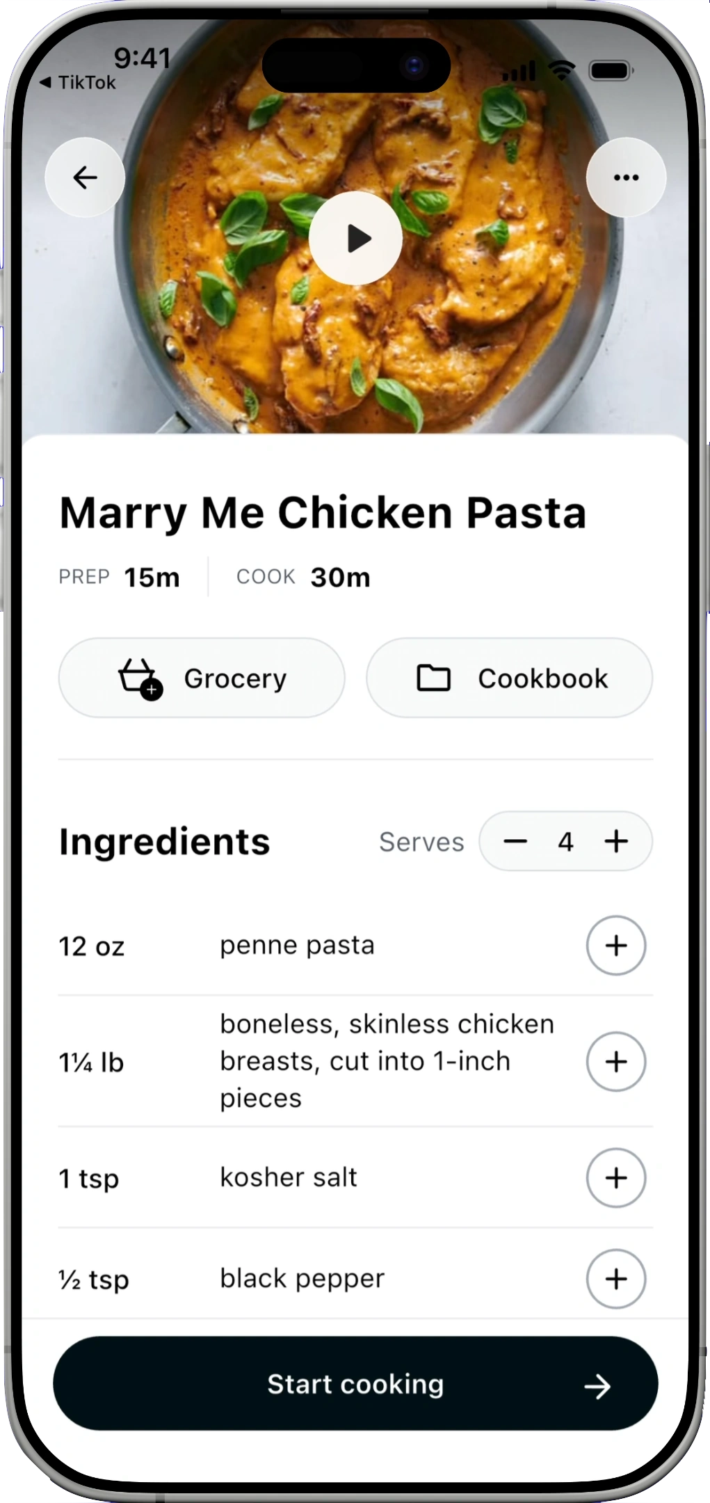 The same recipe organized with ingredients and cooking controls in MyEats