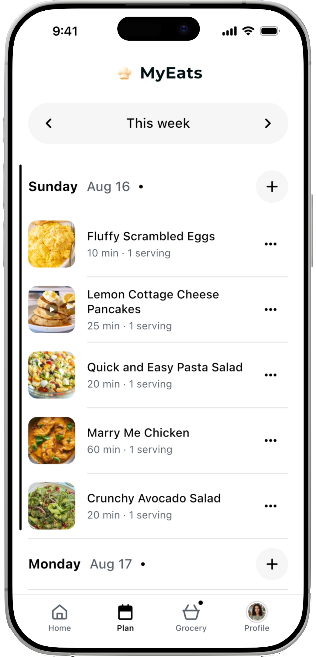 A weekly meal plan organized by day in MyEats